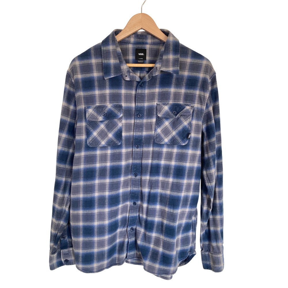 Vans Mens XL Tailored Fit Blue Grey Plaid Long Sleeve Button Down Flannel Shirt